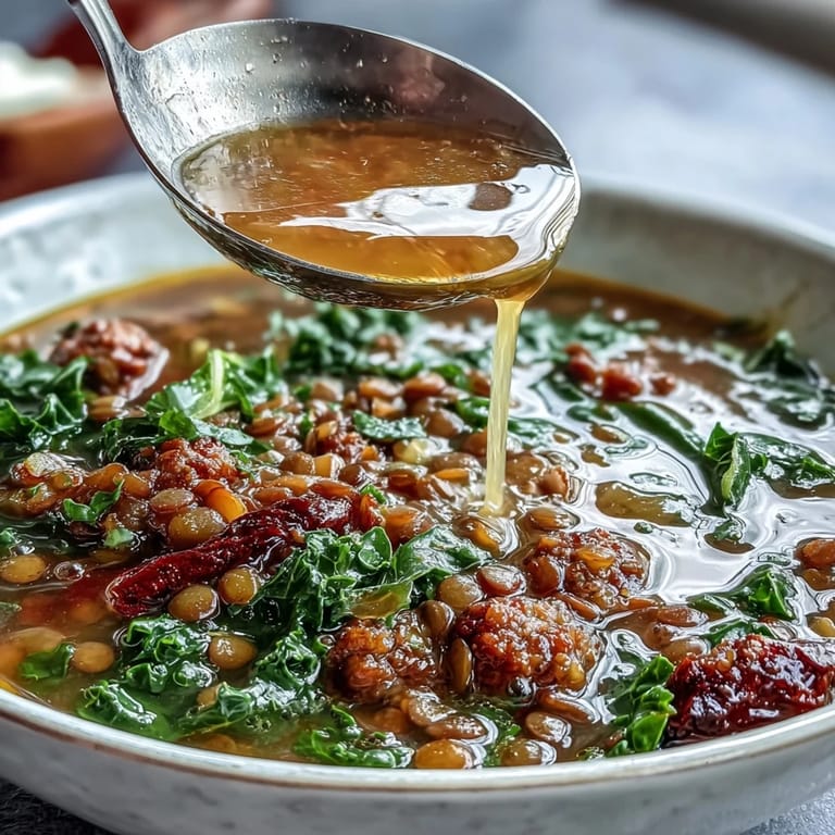 Warm up with a bowl of Spicy Sausage and Lentil Soup with Kale, featuring savory sausage, earthy lentils, and nutrient-packed kale.  