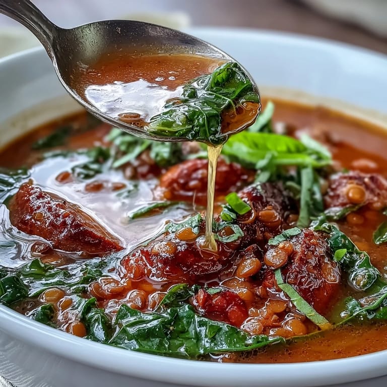 Enjoy a comforting bowl of Spicy Sausage and Lentil Soup with Kale, packed with spicy sausage, protein-rich lentils, and fresh kale.