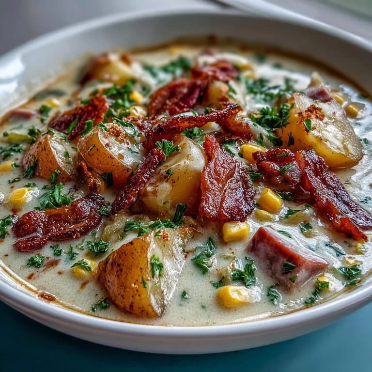 Creamy Ham and Potato Chowder featuring tender vegetables, sweet corn, and savory ham in a light soup.  