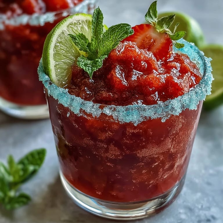 Refreshing non-alcoholic frozen strawberry daiquiri mocktail featuring zesty lime sugar rim and sparkling water topping.