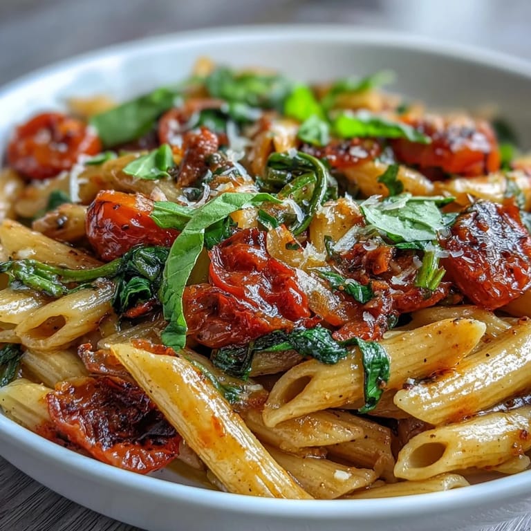 A hearty, vegetarian one-pot pasta dish featuring zucchini, bell pepper, and spinach simmered in savory broth.  