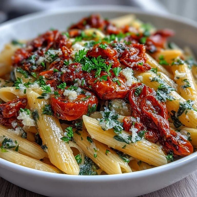 Comforting one-pot pasta with al dente penne, tomatoes, and spinach, topped with melted Parmesan cheese.