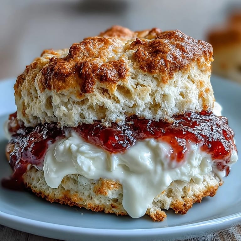 Freshly baked scones topped with smooth clotted cream and fruity jam, perfect for a cozy spring afternoon tea.