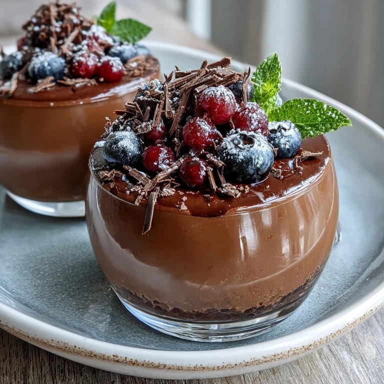 Velvety cottage cheese chocolate mousse in dessert cups, finished with fresh berries and a sprinkle of dark chocolate shavings.