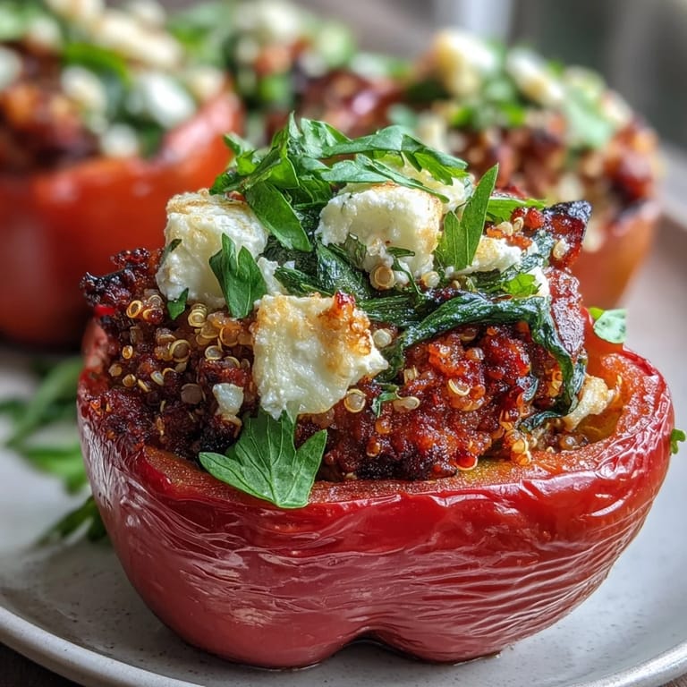 Vibrant bell peppers stuffed with herbed quinoa, zucchini, and tomatoes, creating a healthy, vegetarian Mediterranean-inspired meal.