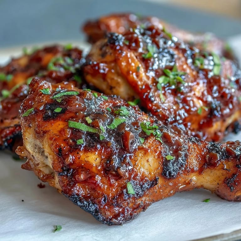 Juicy bone-in chicken thighs marinated in honey garlic sauce, grilled to perfection with a caramelized, glossy finish.