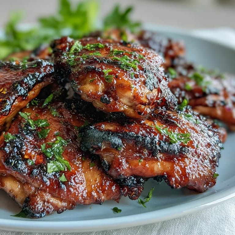 Sweet and savory Honey Garlic Grilled Chicken Thighs plated with fresh herbs and lemon wedges for a summer feast.