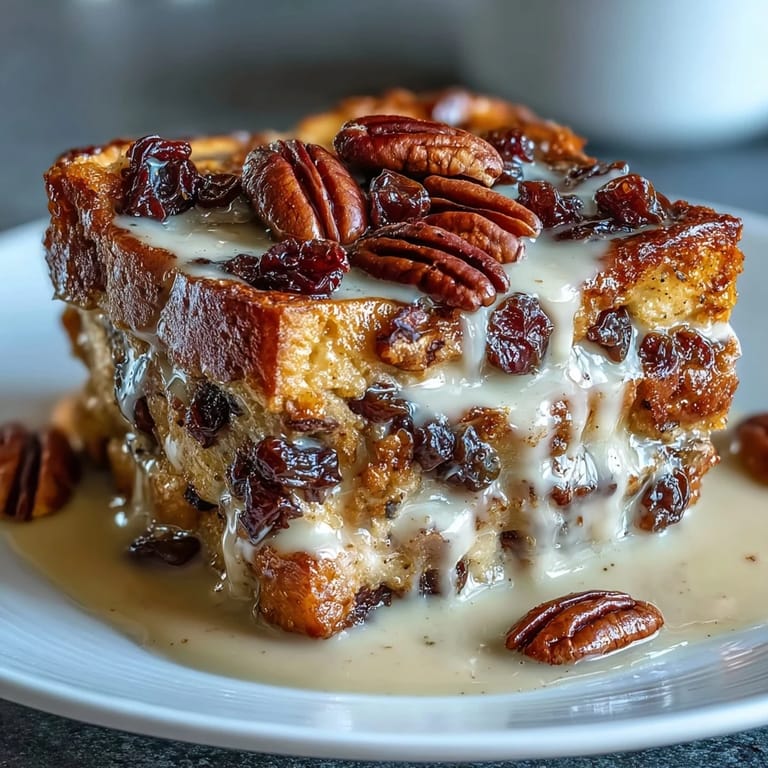Warm, gooey Easy Capirotada with Cinnamon, Piloncillo, and Raisins features layers of cinnamon-spiced syrup-soaked bread, raisins, and mild cheese, topped with crunchy pecans for a perfect Lent dessert.