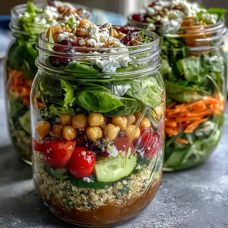 Fresh, crisp mason jar salads filled with spinach, cucumbers, chickpeas, and feta, perfect for a nutritious week of lunches.