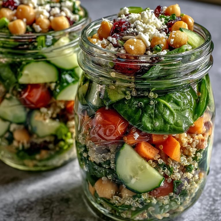 Vibrant, make-ahead mason jar salads with rainbow veggies, protein options, and tangy balsamic dressing for healthy summer meals.