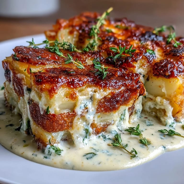 Savory scalloped potatoes with Gruyere, a classic French side dish of thinly sliced potatoes in a silky cream sauce, topped with melted cheese.