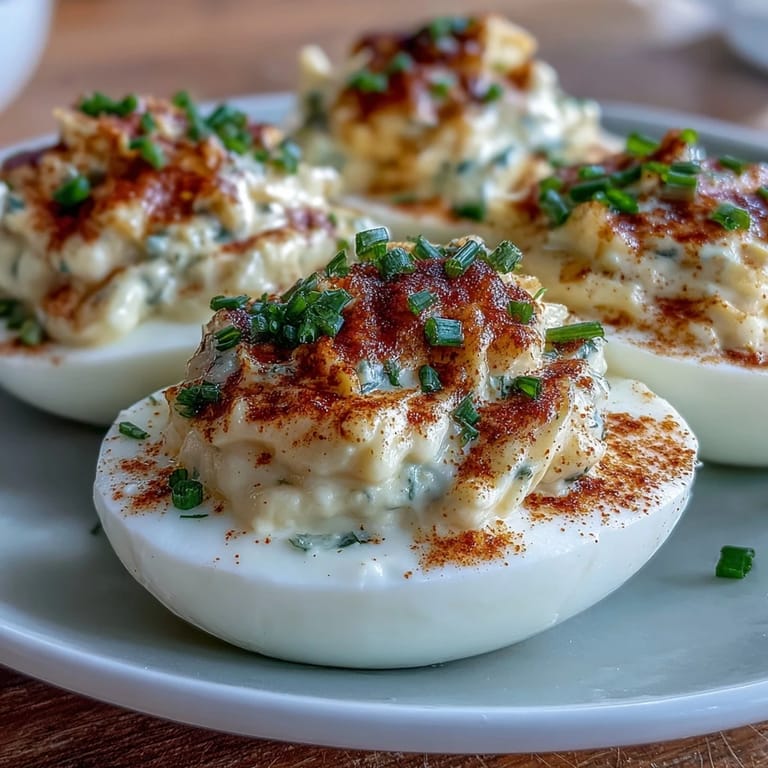 Classic deviled eggs topped with smoky paprika and fresh chives, offering a tangy, rich bite every time.