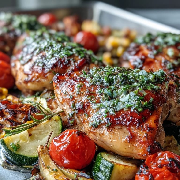 Colorful one-pan meal featuring golden chicken breasts surrounded by roasted zucchini, sweet corn, and cherry tomatoes, perfect for easy weeknight dinners.