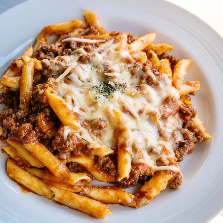 The savory smell of ground beef fills the kitchen as a Cheesy Beef & Penne Bake emerges from the oven.