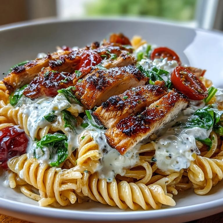 Wholesome pasta bowl featuring tender grilled chicken, cottage cheese, and spinach for a protein-packed dinner.  