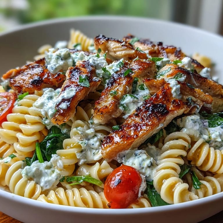 Savory pasta bowl with grilled chicken breast, cottage cheese, and wilted spinach, perfect for a healthy high-protein lunch.