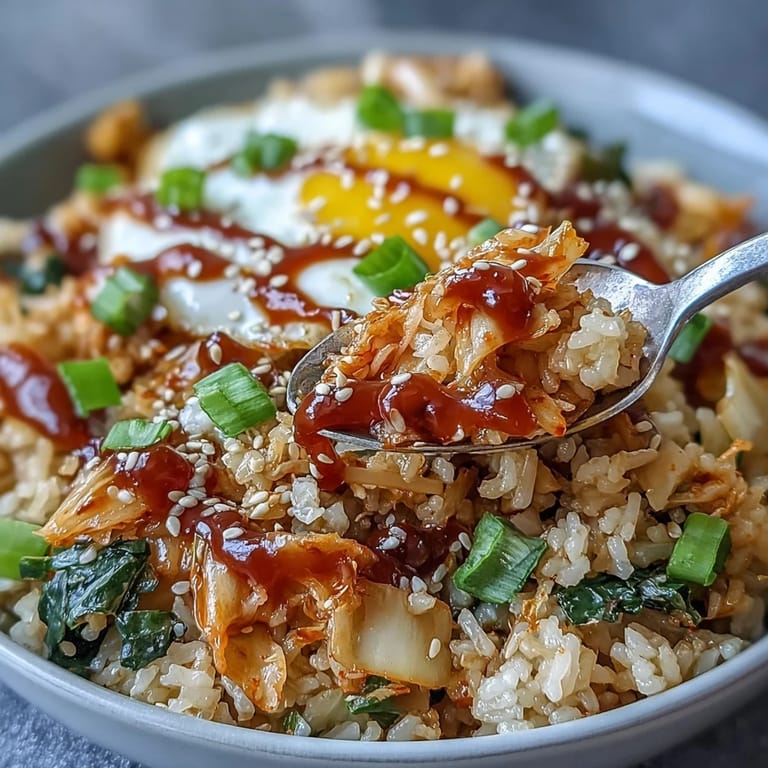 Vibrant kimchi cabbage fried rice with fresh green onions and sesame seeds, showcasing tender rice and a sunny-side-up egg for a satisfying meal.