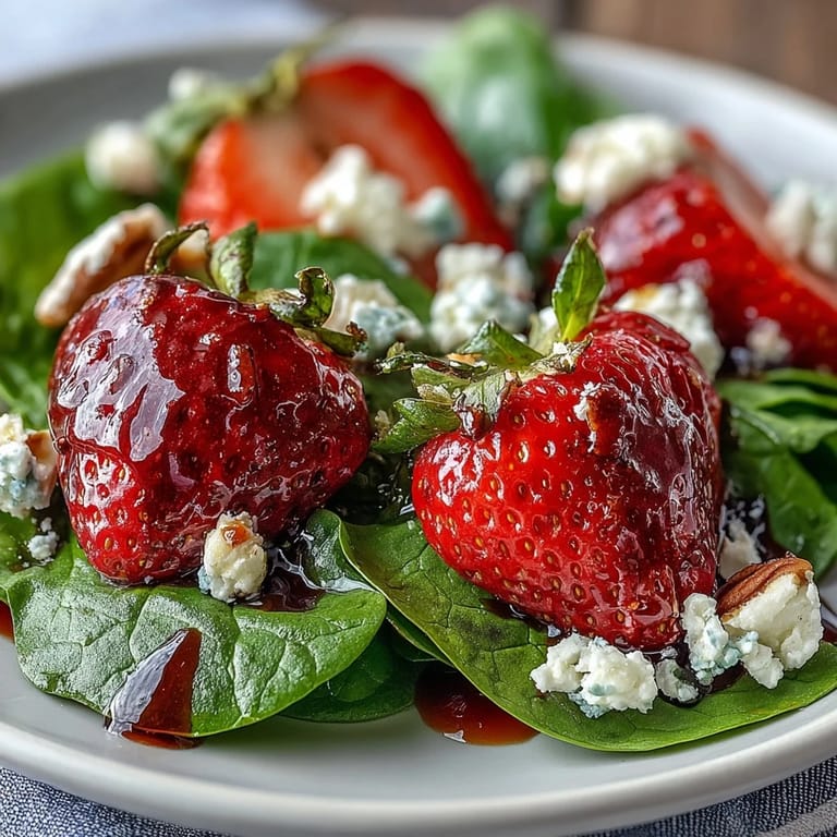 Vibrant spring salad featuring juicy strawberries, tender spinach, crunchy almonds, and tangy balsamic dressing for a refreshing bite.
