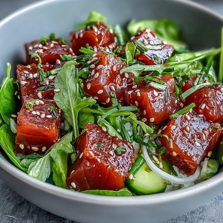 Light and healthy poke bowl featuring marinated tuna, crunchy cucumber, and creamy avocado atop seasoned sushi rice.
