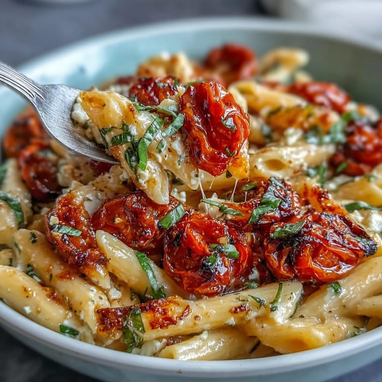 Creamy baked feta pasta dish with vibrant cherry tomatoes, ready to serve warm.