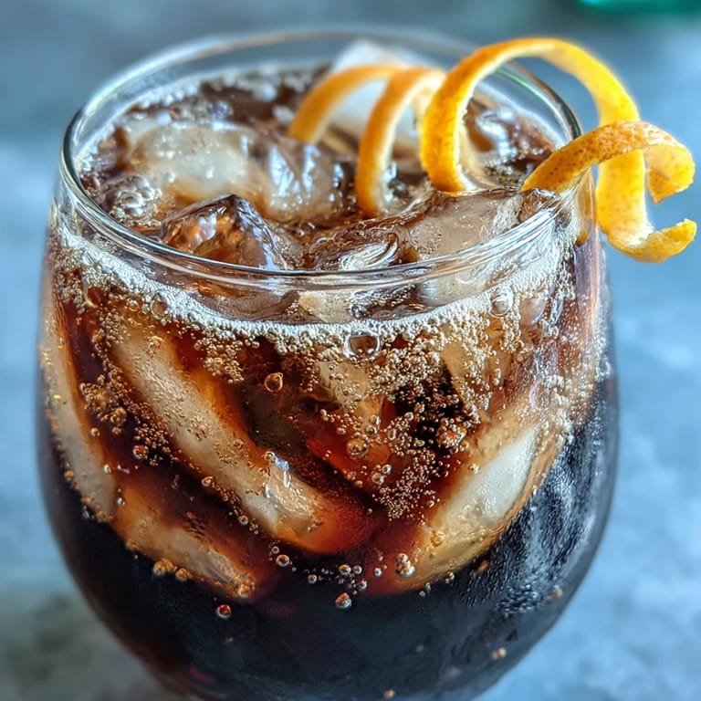 Vibrant cold brew coffee tonic with orange zest, served over ice.