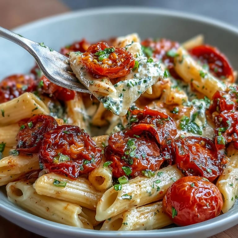 Mediterranean baked feta pasta overflowing with roasted tomatoes and fragrant basil leaves.