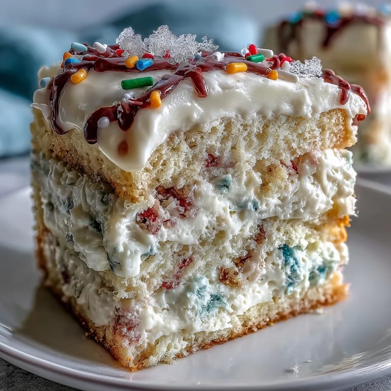 A colorful Funfetti Dip Cake, perfect for joyous spring celebrations and parties.