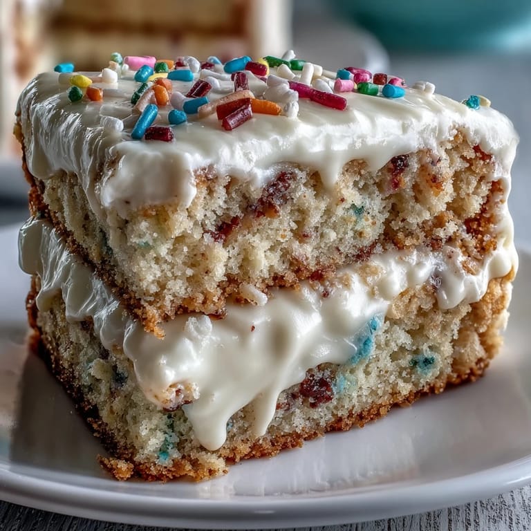 Deliciously layered Funfetti Dip Cake, showcased with cheerful sprinkles for dessert.