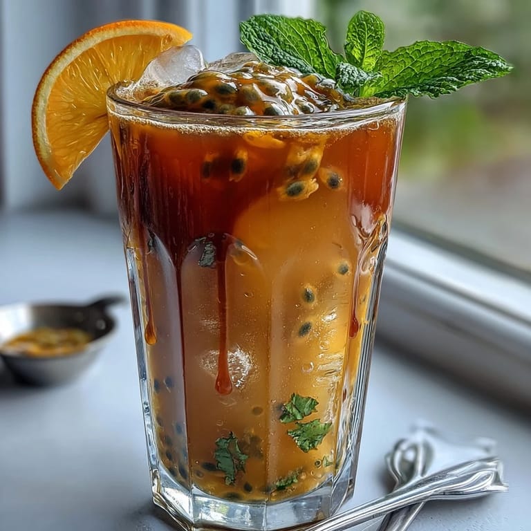 Passionfruit and orange mocktail, beautifully layered like a tropical sunrise.