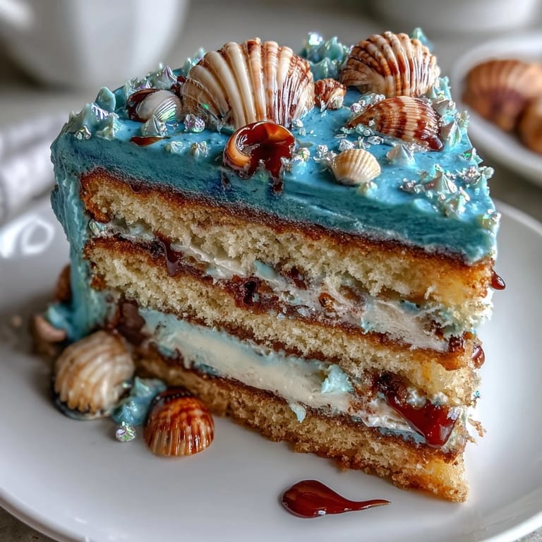 Moist vanilla Cancer Zodiac Cake glistens with ocean blues and pearl shells.