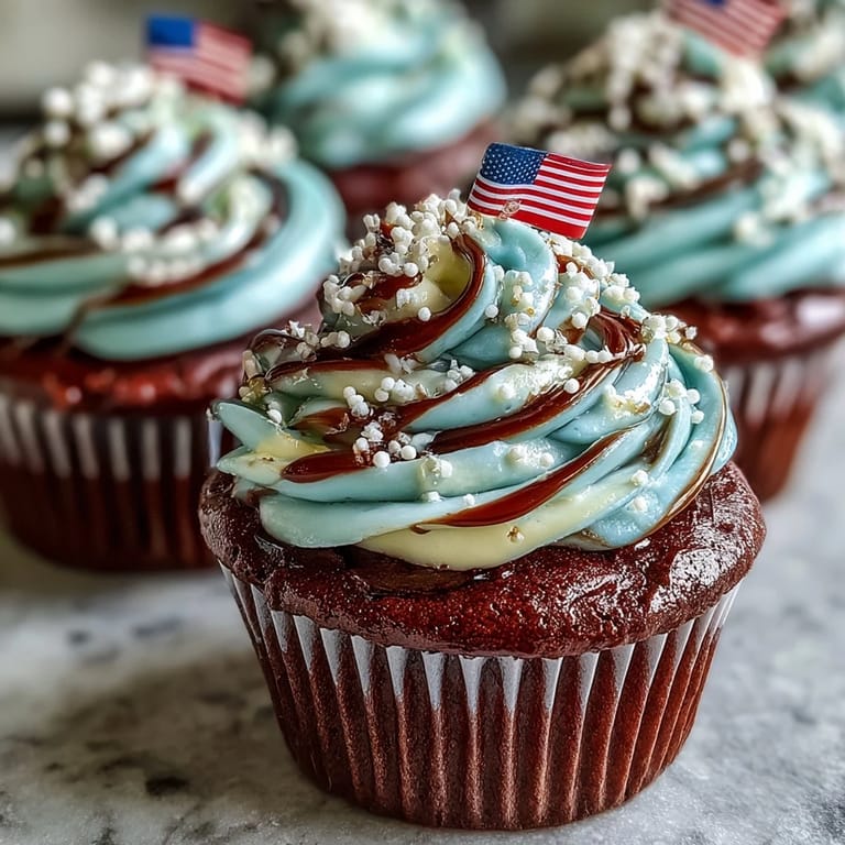 Delicious Star-Spangled Banner Cupcakes shown with swirled frosting and celebratory flag accents.