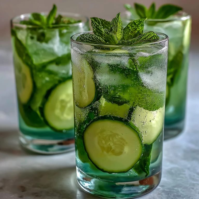 Refreshingly bright Sparkling Cucumber Mint Lemonade Mocktail served in a tall chilled glass.