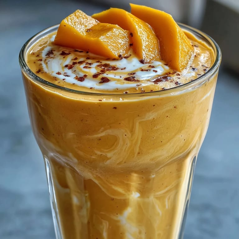 Sweet mango lassi smoothie generously flavored with fragrant cardamom spice.