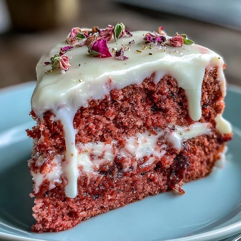 A beautiful Bridal Shower Rosé Velvet Cake, showcasing moist crumb and shimmering gold accents.