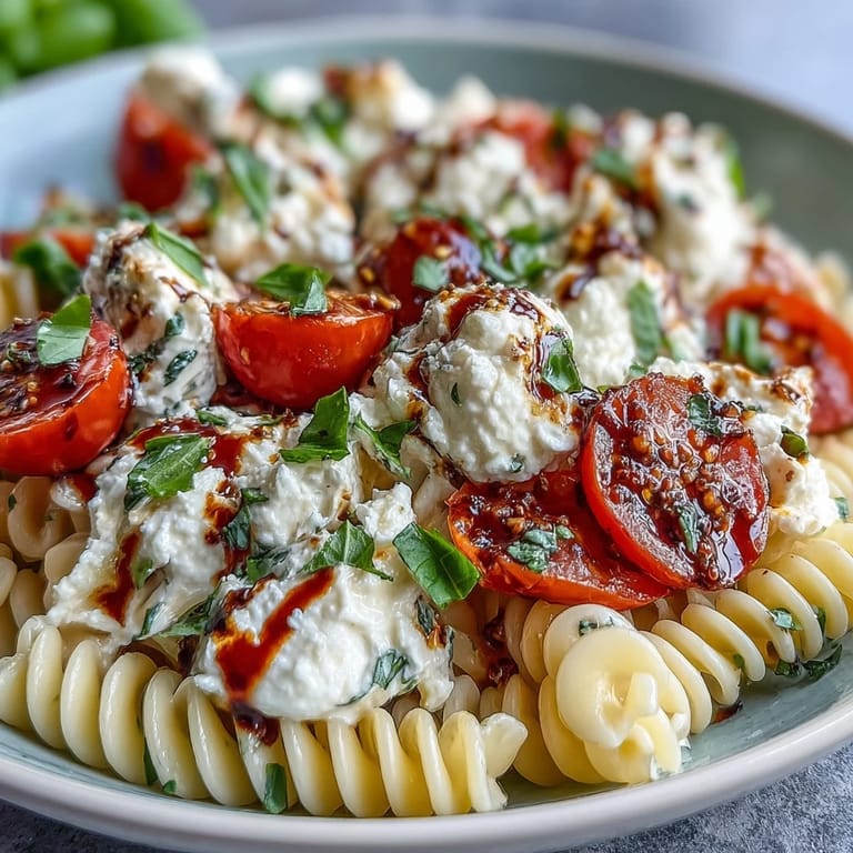 Enjoy this quick Summer Caprese Pasta with Burrata, bursting with fresh flavors.