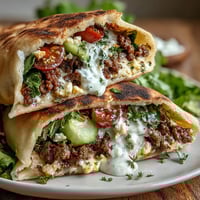 Mediterranean ground beef stuffed pita pockets filled with spiced beef, fresh vegetables, feta, and creamy yogurt sauce in warm pita bread.  