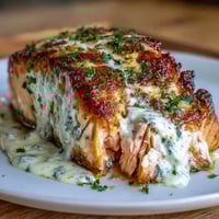 Baked salmon fillets glazed with creamy lemon butter sauce, garnished with fresh parsley for an elegant dinner.  