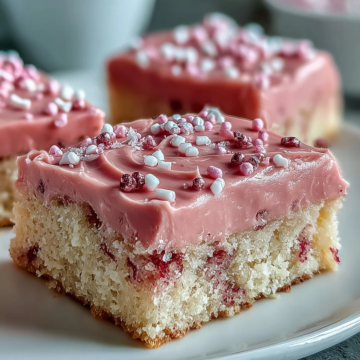 A tray of soft sugar cookie bars with creamy strawberry frosting and festive pink sprinkles for Valentine's Day.