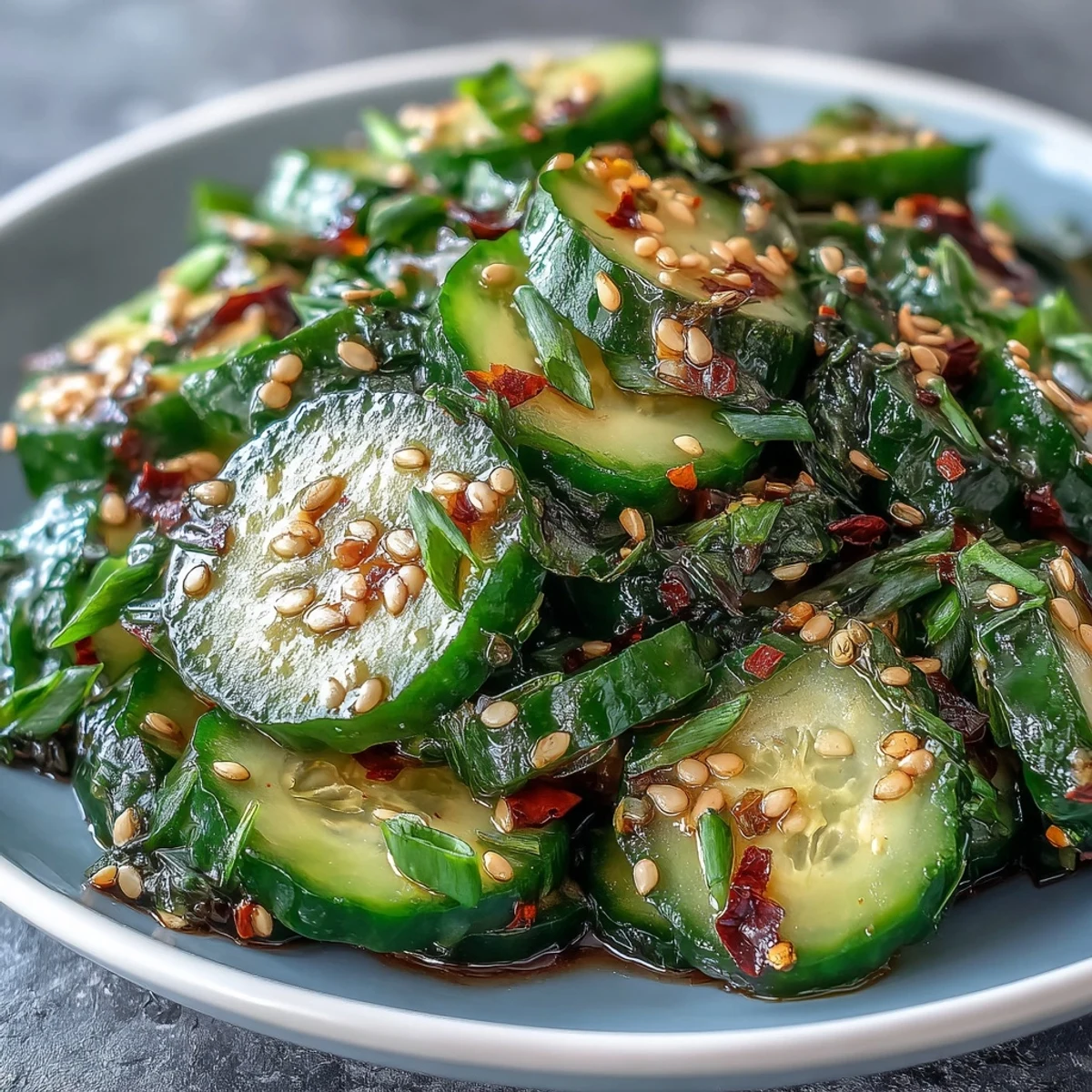 Crisp cucumber salad tossed in tangy soy-sesame dressing, topped with toasted sesame seeds and fresh cilantro for a refreshing vegan side dish.
