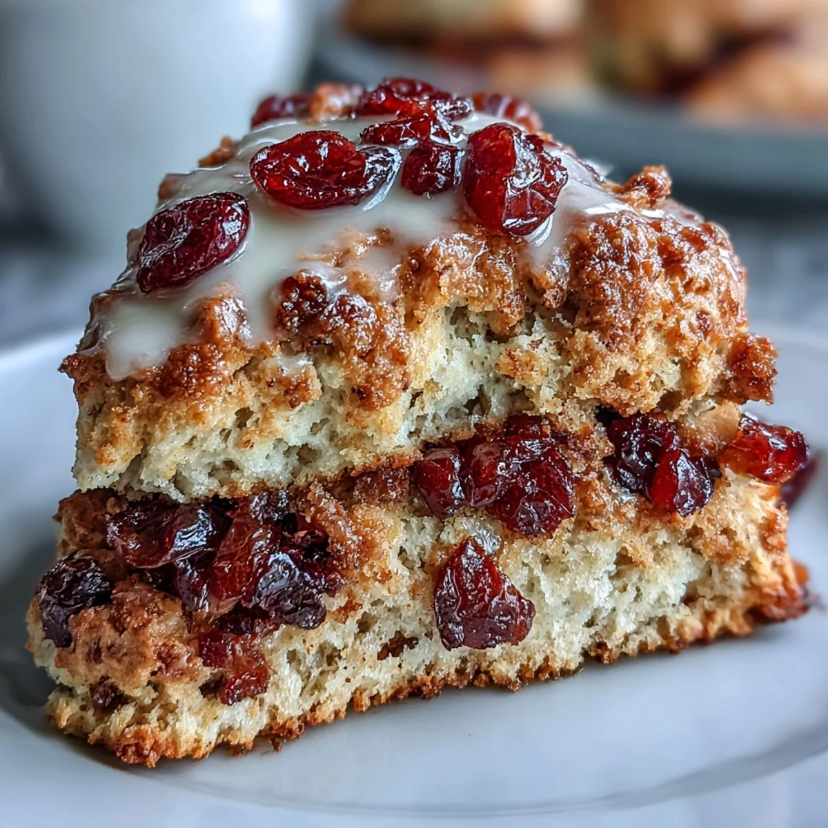 Golden candied orange cranberry scones with buttery layers, dotted with tart cranberries and sweet citrus peel, fresh from the oven.