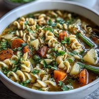 A steaming bowl of simple vegetable noodle soup with colorful carrots, celery, and tender egg noodles in savory broth.