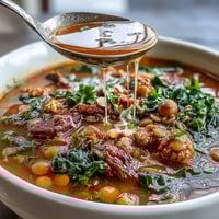 Spicy Sausage and Lentil Soup with Kale, brimming with hearty sausage, tender lentils, and vibrant greens in a rich tomato broth.  