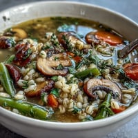 A rustic vegetable barley soup with mushrooms, brimming with tender pearl barley, earthy cremini mushrooms, and colorful vegetables in a savory broth.  