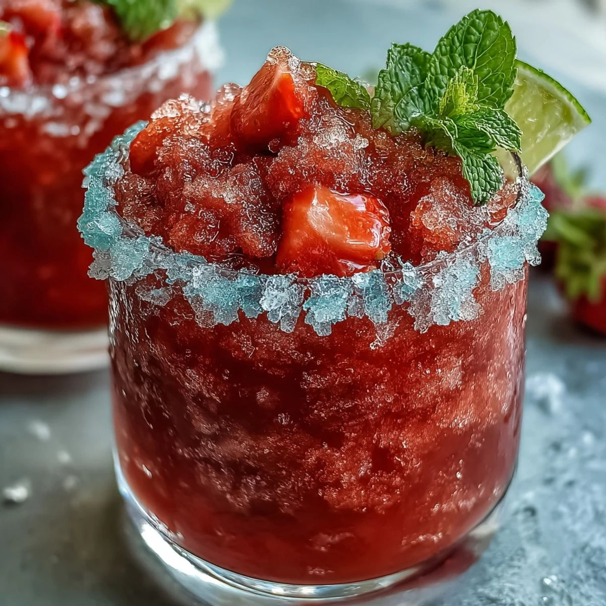 Vibrant frozen strawberry daiquiri mocktail with lime sugar rim, served in chilled glasses with fresh mint garnish.