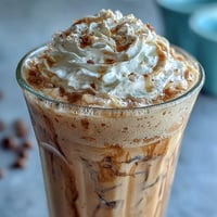 A creamy iced vanilla bean frappuccino topped with fluffy coconut whipped cream, perfect for a refreshing summer treat.