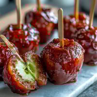 Mini candy apples on sticks with glossy red candy shell, perfect for kids parties and festive dessert trays.  