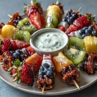 St. Patrick's Day Rainbow Fruit Kabobs with Yogurt Dip, featuring colorful fruit skewers arranged in vibrant rainbow order and served with creamy honey-lime yogurt dip.  