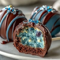Pisces-themed galaxy cake pops with edible glitter, featuring dreamy swirls of blue, purple, and teal chocolate coating and shimmering edible glitter.