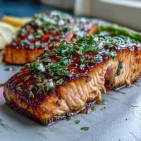 Herb-roasted salmon fillets with fresh dill, parsley, and chives, served alongside vibrant green asparagus spears. A perfect spring dinner for four.  
