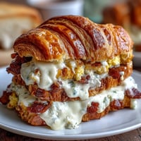 Fluffy scrambled eggs and melted cheese nestled inside buttery, flaky croissants for a satisfying breakfast treat.